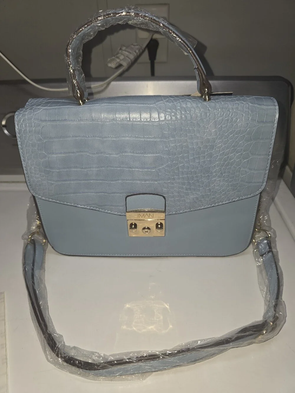 Iman Light Blue Croc-Texture Top Handle Bag
